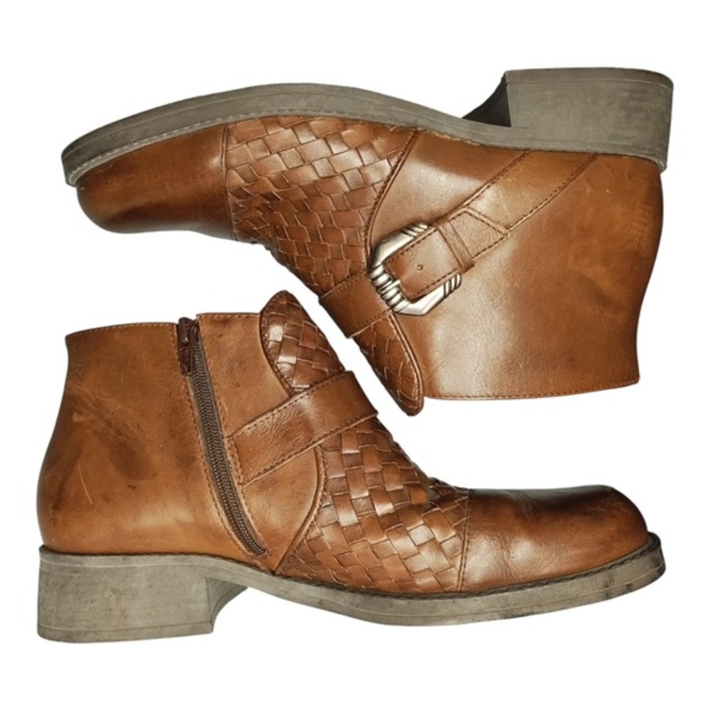 Romano Ridolfi Ankle‎ Boots Womens US 7 Brown Weave Leather Block Heel Side Zip